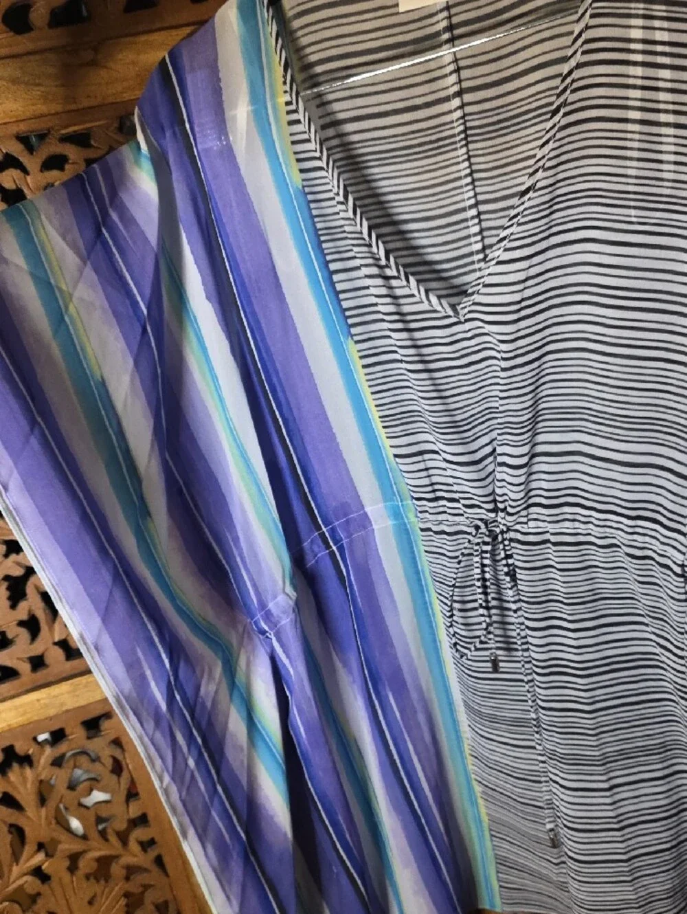 Calvin Klein Black & White Striped Swim Cover-Up with Purple Blue Stripe Panel